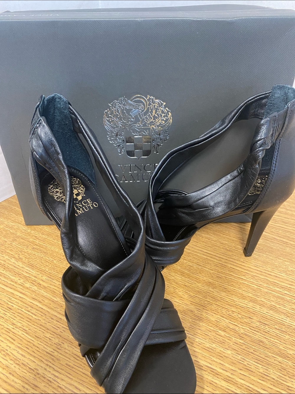 Vince Camuto Black Leather Twist-Strap High Heels